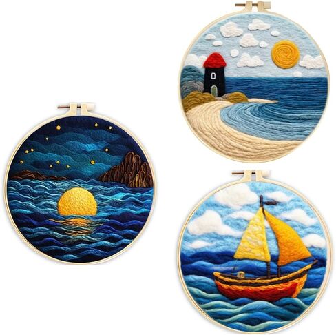 3 Sets Wool Felt Sets Seascape Scenery Needle Felting Kits DIY Handmade Wool Felt Painting Kits Home Decor Needle Felt Starter Sets Gifts with Instructions and Foam Pad for Beginners (Blue) in Saudi Arabia