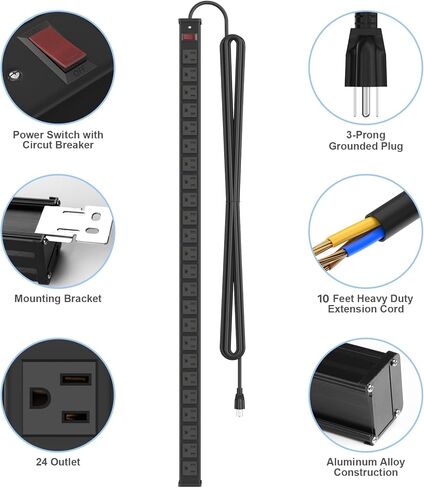 شريط طاقة معدني 24 منفذًا، شريط طاقة طويل جدًا للخدمة الشاقة مع سلك تمديد بطول 10 أقدام، شريط طاقة قابل للتركيب لمنصة عمل مرآب المستودعات، مدرج في قائمة ETL، أسود in Kuwait
