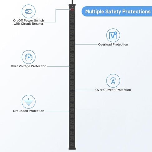 شريط طاقة معدني 24 منفذًا، شريط طاقة طويل جدًا للخدمة الشاقة مع سلك تمديد بطول 10 أقدام، شريط طاقة قابل للتركيب لمنصة عمل مرآب المستودعات، مدرج في قائمة ETL، أسود in Kuwait