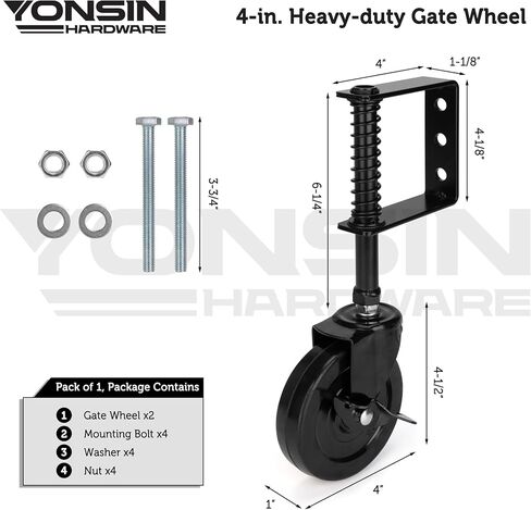 4" Heavy Duty Spring Loaded Gate Caster Wheel with Side Brake, Drag Gate Wheels with 360° Swivel for Wooden Gate Fence, Metal Tube Gate, Anti Sag Gate Kit, 330 Lbs Capacity, 1 Pac, Black in Kuwait