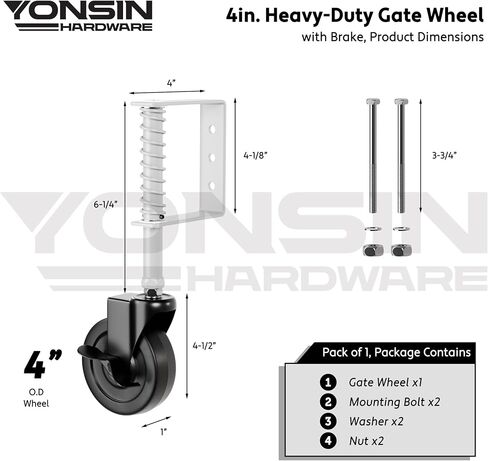 4" Heavy Duty Spring Loaded Gate Caster Wheel with Side Brake, Drag Gate Wheels with 360° Swivel for Wooden Gate Fence, Metal Tube Gate, Anti Sag Gate Kit, 330 Lbs Capacity, 1 Pac, Black in Kuwait