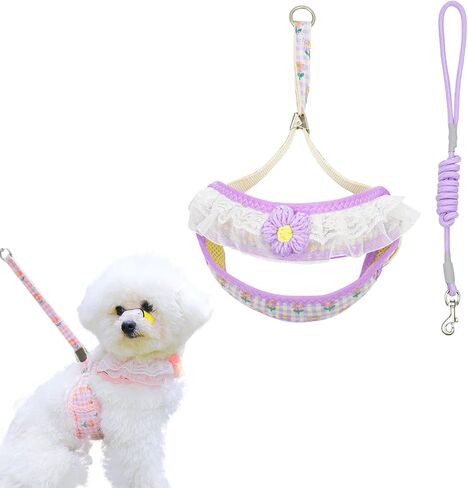 Cat Harness Collar and Leash Set, Sweet Lace Floral Kitten Collar, Escape Proof Puppy Chest Harness, Adjustable Cute Harness Leash Set for Cat Puppy Dog Outdoor Walking (Pink, S) in Kuwait