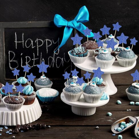 Gyufise 42Pcs Mixed Size Deep Blue Little Star Cupcake Toppers Glitter Twinkle Star Cupcake Picks for Wedding Engagement Bridal Shower Baby Shower Birthday Party Cake Decorations Supplies in Saudi Arabia