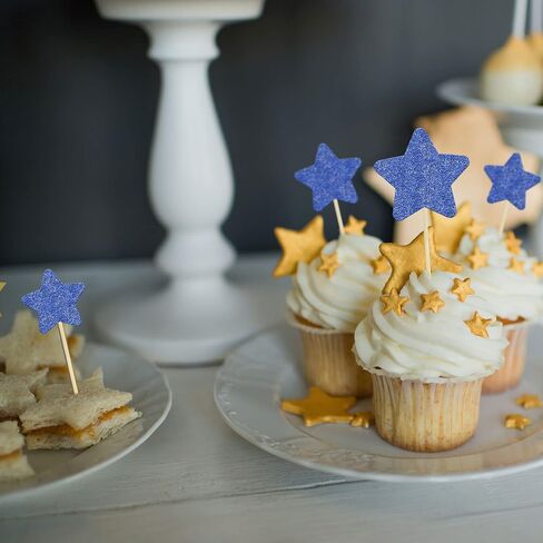 Gyufise 42Pcs Mixed Size Deep Blue Little Star Cupcake Toppers Glitter Twinkle Star Cupcake Picks for Wedding Engagement Bridal Shower Baby Shower Birthday Party Cake Decorations Supplies in Saudi Arabia