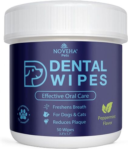 NOVEHA Pets Dental Finger Wipes for Dogs & Cats | Freshens Breath, Reduces Plaque | Healthier Gums | Clean Teeth No Toothbrush | Vet Recommended Effective Natural Oral Care (50 pcs, Mint) in Saudi Arabia