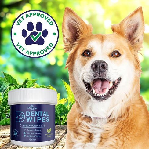 NOVEHA Pets Dental Finger Wipes for Dogs & Cats | Freshens Breath, Reduces Plaque | Healthier Gums | Clean Teeth No Toothbrush | Vet Recommended Effective Natural Oral Care (50 pcs, Mint) in Saudi Arabia