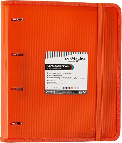 88100052. Folder 4 Rings with Refill and Separators, A4, Orange, Striped Polypropylene, Multiline Carpebook in Saudi Arabia