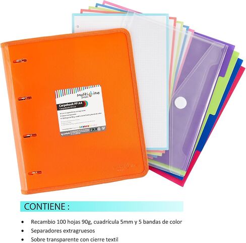 88100052. Folder 4 Rings with Refill and Separators, A4, Orange, Striped Polypropylene, Multiline Carpebook in Saudi Arabia