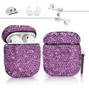 Compatible with AirPods 1 & 2 Case, Keychain+Anti-Lost Strap+Ear Hooks+Watch Band Holder,Protective Bling Crystal Glitter Luxury Shining Diamond Rhinestone Gift Scratch/Drop Proof-Black in Kuwait