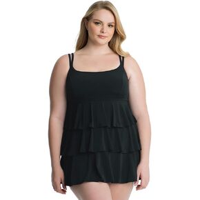 Longitude Women's Plus Size Swimwear Black Tie Triple Tier One Piece Swimdress in Kuwait