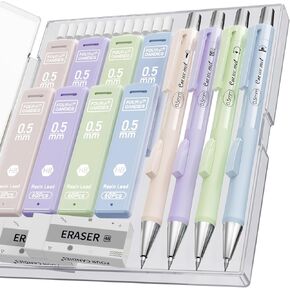 Four Candies Cute Mechanical Pencil Set with Case, 4PCS 0.5mm Pastel Fast Click Aesthetic Mechanical Pencils with 480PCS HB Lead Refills, 2 Erasers, 12 Eraser Refills School Supplies for Girls Writing