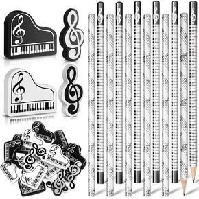 Music Pencils Music Note Pencil with Music Themed Erasers Wood Pencils Bulk Keyboard Fun Pencils Erasers Gifts for Piano Students Teachers Party Favors Classroom Supplies（24 Pcs