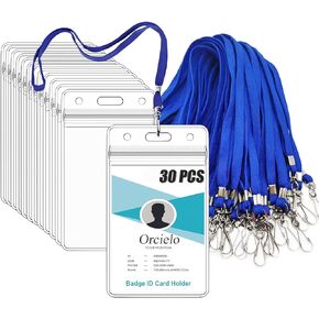 30Pcs Clear Plastic Vertical Name Tags Badge ID Card Holders and 30Pcs Flat Neck Lanyards, Black
