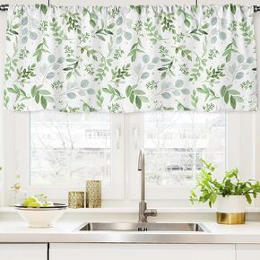 AnyDesign Eucalyptus Leaf Kithen Curtain Valance Watercolor Greenery Valance Curtain Spring Rod Pocket Green Leaves Short Toppers Window Treatment for Summer Home Window Decor, 54 x 20 Inch