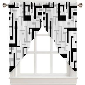 Kitchen Curtains and Valances Set, Oil Painting Abstract Retro Impressionism Geometric Orange Short Rod Pocket 3 Pieces Window Curtain Set for Bedroom, Bathroom, 24 Inch Long