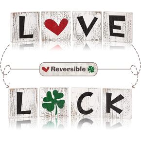 KORMMCO Reversible St. Patrick's Day Tiered Tray Decor, Farmhouse Luck Love Block Decor for Tiered Tray Shelf, Valentine's Day Self-Standing Wood Sign for Table, Set of 4
