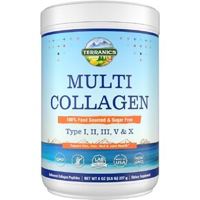 Terranics Multi Collagen Peptides Powder, 20g Per Serving, Type I II III V X, Bovine Marine Chicken & Eggshell, No Sugar, No Hormone, Keto, Beauty & Joint Support, Unflavored, 8oz