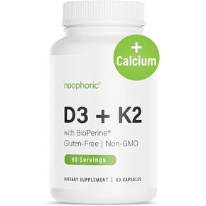 Noophoric D3 K2 Vitamin 5000 IU - Vitamin K2 100 mcg MK7, Calcium, BioPerine - Bone Health & Immune Support Supplement - Gluten-Free, Non-GMO - K2 D3 Vitamin Supplement (60 Servings)