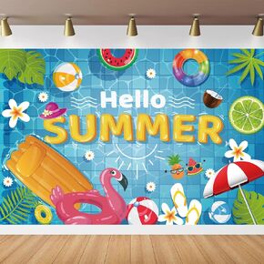 Hello Summer Backdrop Banner Colorful Summer Photography Background for Summer Seaside Beach Swimming Pool Fruits Flamingo Hawaiian Tropical Themed Party Decorations Supplies 70.8 * 47.2in