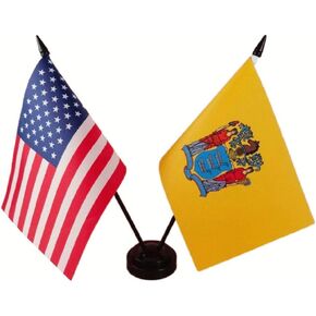 America & New Jersey Twin Desk Flag, US New Jersey Table Flags, 8 x 5 Inches American & New Jersey Deluxe Desk Flag Set - Miniature USA & New Jersey Stick Flag with Flag Stand