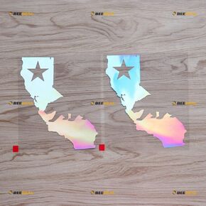 California Bear Map Decal Sticker Vinyl Outline Cali Republic CA - 2 Pack Holographic Iridescent Oil Slick Colorful, 6 Inches - No Background for Car Boat Laptop