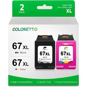 COLORETTO 67XL Ink Cartridge for HP DeskJet 2800e 2852e 2855e Envy 6052 6065e 6452e 6455e 6458e Printers as Replacement for HP Ink 67 XL hp67 hp67xl (1Black,1Color)