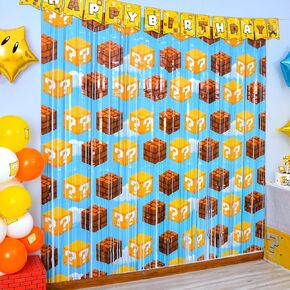 Super Bros Birthday Party Supplies, 2 Pack Question & Brick Tinsel Foil Fringe Curtains, Super Game Themed Photo Booth Prop Party Backdrop, Super Bros Party Decorations Room Decor for Kids