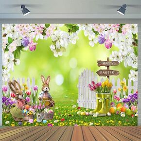 CYLYH 7x5FT Easter Photo Backdrop Spring Flowers Grass Backdrop Colored Egg Rabbit Backdrop for Easter Party Decoration Baby Shower D854