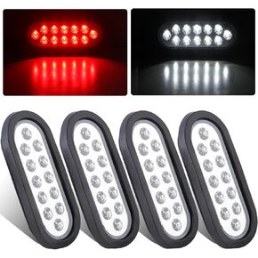 4Pcs 6" Oval Red Stop Turn Tail Lights to White Back-up Lights 12 LED, 6 Inch Round Red/White Dual Trailer Truck Tail Lights with Rubber Grommet and 3 Prong Wire Pigtails IP67 Waterproof