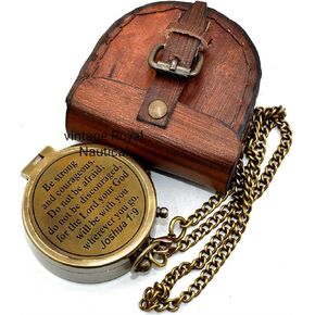 Be Strong and Courageous Do Not Be Afraid Antique Nautical Vintage Directional Magnetic Compass with Famous Scripture Quote Engraved Baptism Gifts with Leather Case for Loved Ones, Son, Father, Love,