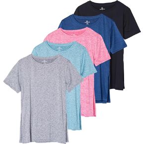 Real Essentials 5 Pack: Women's Short Sleeve Crew Relaxed Active T-Shirt Dry-Fit Yoga Top with Split Hem (Available in Plus)