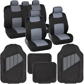 BDK Two-Tone PolyPro Car Seat Covers Full Set with Motor Trend Heavy Duty Rubber Car Floor Mats, Black & Beige/Brown – Interior Covers for Auto Truck Van SUV