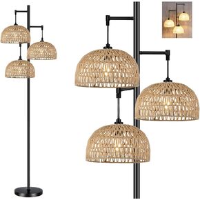 Floor Lamp for Living Room,Bedroom,Boho Rattan Floor Lights,Tree 3 Bulb Standing Lamp Farmhouse Industrial Black Tall Lamp,Wicker Bamboo Lamp Shade Flower Floor Lamps Bohemian Decor