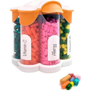 Extra Large Pill Organizer Daily, Weekly, Monthly Supplement Bottle, Cute Blossom Pill Dispenser with 7 XL Compartments, Easy-Open Pill Box for Vitamins, Medications, Labels Included (Blue)
