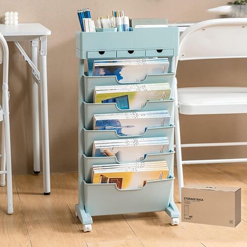 Soccerboy 6 Tier Mobile Bookshelf Bookcase with Lockable Casters,Rolling Utility Cart with 3 Drawer,Movable Storage Organizer for Living Room, Bedroom, Kitchen (White) in Saudi Arabia