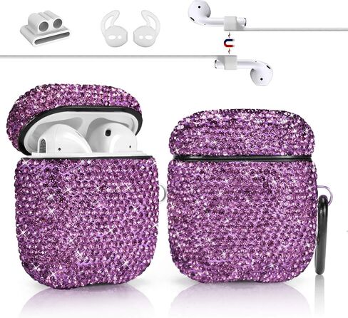 Compatible with AirPods 1 & 2 Case, Keychain+Anti-Lost Strap+Ear Hooks+Watch Band Holder,Protective Bling Crystal Glitter Luxury Shining Diamond Rhinestone Gift Scratch/Drop Proof-Black in Kuwait