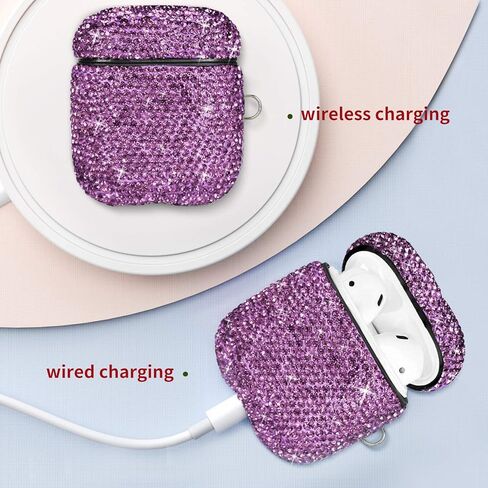 Compatible with AirPods 1 & 2 Case, Keychain+Anti-Lost Strap+Ear Hooks+Watch Band Holder,Protective Bling Crystal Glitter Luxury Shining Diamond Rhinestone Gift Scratch/Drop Proof-Black in Kuwait