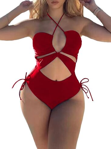 OYOANGLE Women's Criss Cross Cut Out Ruched Halter One Piece Swimsuit Tie Side Monokini Bathing Suit in Saudi Arabia