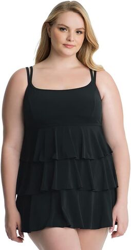 Longitude Women's Plus Size Swimwear Black Tie Triple Tier One Piece Swimdress in Kuwait