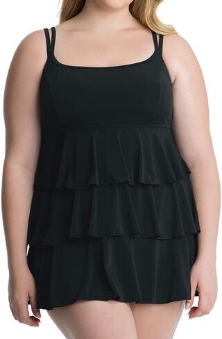Longitude Women's Plus Size Swimwear Black Tie Triple Tier One Piece Swimdress in Kuwait