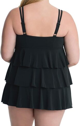 Longitude Women's Plus Size Swimwear Black Tie Triple Tier One Piece Swimdress in Kuwait