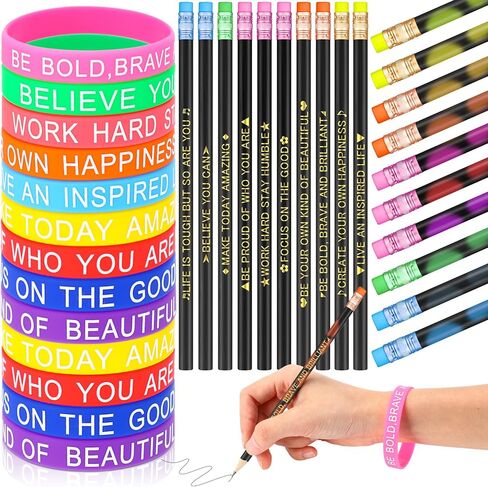 Tenceur 80 Pcs Inspirational Pencils Motivational Silicone Bracelets Set Color Changing Pencils for Kids Mood Pencils Bulk Student Gifts from Teacher Bulk for Kids School(Classic Style) in Kuwait