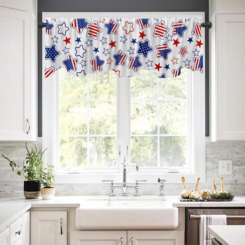 ستائر نافذة معالجة بيوم الاستقلال مقاس 54 × 18 بوصة، ستائر نافذة بنجوم زرقاء وحمراء للاحتفال بيوم الاستقلال، ستائر نافذة لتزيين غرفة الطعام والمطبخ in Kuwait