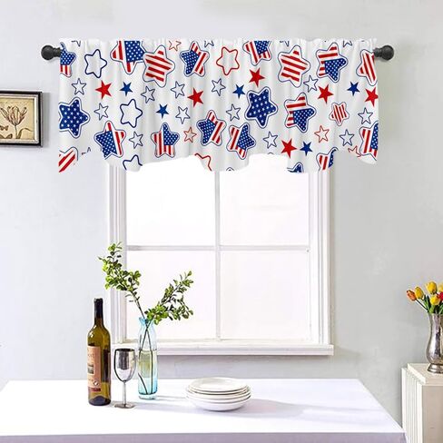 ستائر نافذة معالجة بيوم الاستقلال مقاس 54 × 18 بوصة، ستائر نافذة بنجوم زرقاء وحمراء للاحتفال بيوم الاستقلال، ستائر نافذة لتزيين غرفة الطعام والمطبخ in Kuwait