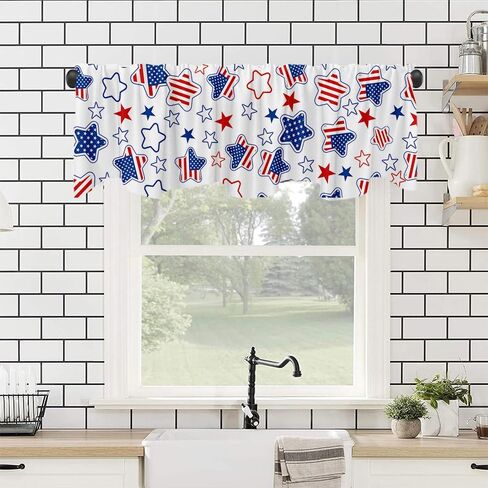 ستائر نافذة معالجة بيوم الاستقلال مقاس 54 × 18 بوصة، ستائر نافذة بنجوم زرقاء وحمراء للاحتفال بيوم الاستقلال، ستائر نافذة لتزيين غرفة الطعام والمطبخ in Kuwait