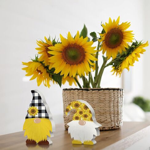 Jetec 2 Pieces Sunflower Gnome Wooden Summer Spring Decorations Sunflower Buffalo Plaid Farmhouse Tiered Tray Elf Gnome Decor Kitchen Bathroom Birthday Party Table Decorations for Office Home in Kuwait