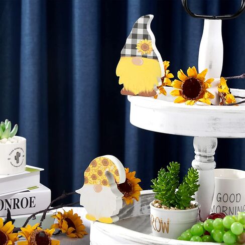 Jetec 2 Pieces Sunflower Gnome Wooden Summer Spring Decorations Sunflower Buffalo Plaid Farmhouse Tiered Tray Elf Gnome Decor Kitchen Bathroom Birthday Party Table Decorations for Office Home in Kuwait