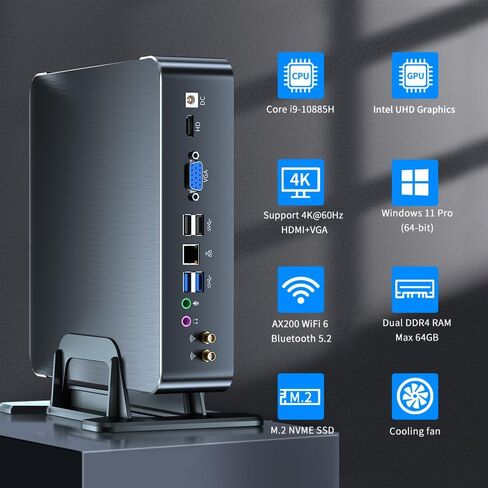 Mini PC i9-10885H 8 Cores Up to 5.3GHz, Deaktop Computer Windows 11 pro, 32G DDR4 RAM 1T M.2 NVME SSD, 4K HDMI2.0 VGA Dual Display, Wifi6 Bluetooth5.2, Gigabit LAN for Office/Hone/HTPC in Saudi Arabia