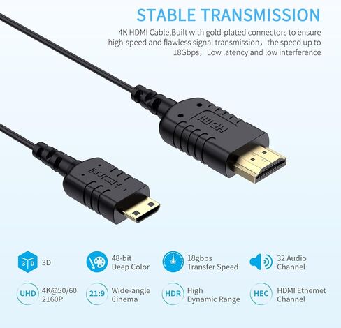 كابل HDMI صغير رفيع للغاية 4K من FeelWORLD بطول 1.5 قدم، كابل HDMI 2.0 نحيف 2.5 مم، يدعم السرعة العالية 4K@60 هرتز 2160p 1080p 18gbps 3D HDR للكاميرا وكاميرا الفيديو والكمبيوتر المحمول والكمبيوتر اللوحي in Kuwait