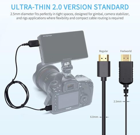 كابل HDMI صغير رفيع للغاية 4K من FeelWORLD بطول 1.5 قدم، كابل HDMI 2.0 نحيف 2.5 مم، يدعم السرعة العالية 4K@60 هرتز 2160p 1080p 18gbps 3D HDR للكاميرا وكاميرا الفيديو والكمبيوتر المحمول والكمبيوتر اللوحي in Kuwait